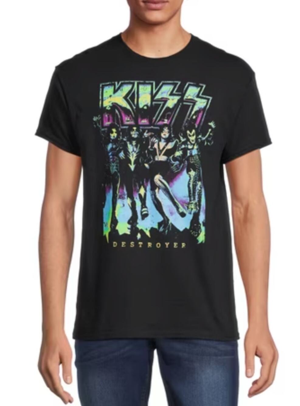 KISS Destroyer Band Graphic T-Shirt Men's M Black Neon Rock Music Tee